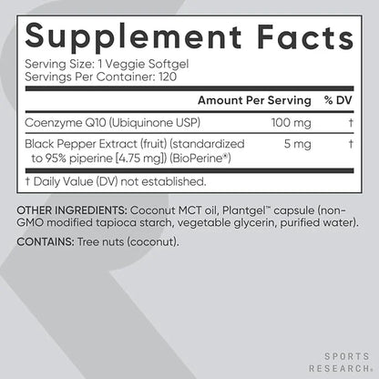Sports Research CoQ10 (100mg) Enhanced w/Coconut (120 Veggie