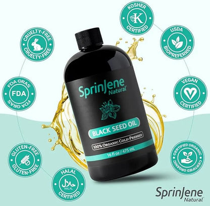SprinJene Natural® 100% Pure Organic Black Seed Oil Cold Pressed for Oral Wellness, Nigella Sativa Black Seed Oil, Black C...
