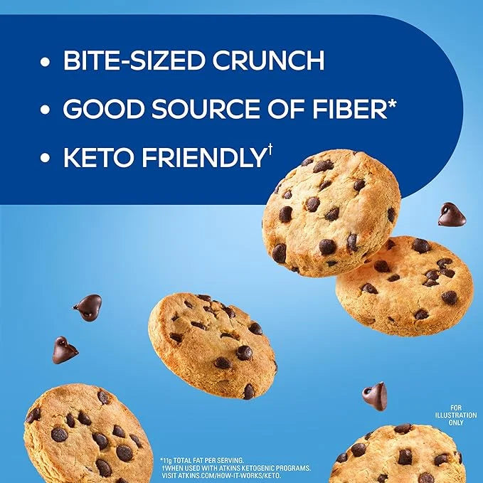 Atkins Bite-Sized Crunchy Protein Cookies, Chocolate Chip, 8g Protein, 4g Fiber, 1g Net Carb, 1g Sugar, Keto Friendly, 3 B...