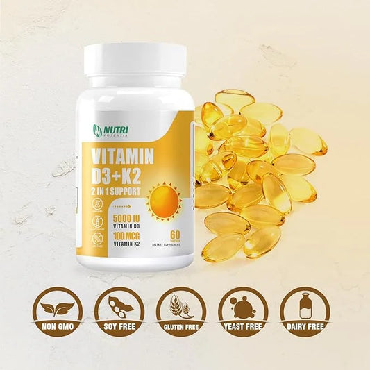 Vitamin D3 K2 with MCT Oil, Vitamin D3 5000 IU and K2 100mcg, Formula 2 in 1 for Bone and Heart Health, Gluten Free - 60 C...