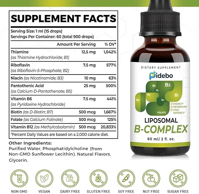 Liposomal B Complex with Active Forms Support-B1, B2, B2, B3, B3, b5, b5, B6, B6, Biotin, B12-4.0 oz