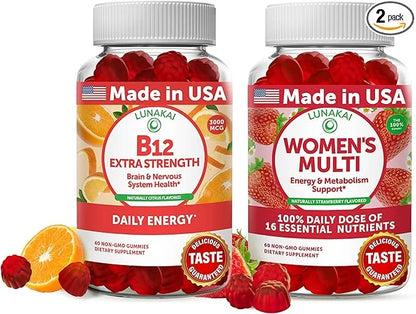 Lunakai Vitamin B12 and Women's Multivitamin 3000mcg Methylcobalamin 100% Daily 16 Essential 30 Days