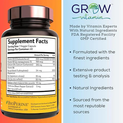 grow vitamin D3 K2 w/MCT Oil - 10,000 IU D3, 100 mcg K2 MK7, Calcium, Zinc, BioPerine, Magnesium for Superior Absorption -...