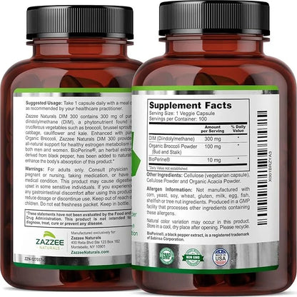 Zazzee DIM 300 mg Per Capsule, 100 Count, Plus 10 mg BioPerine, Estrogen Balance, Hormonal Acne, Menopause Support, Hormon...