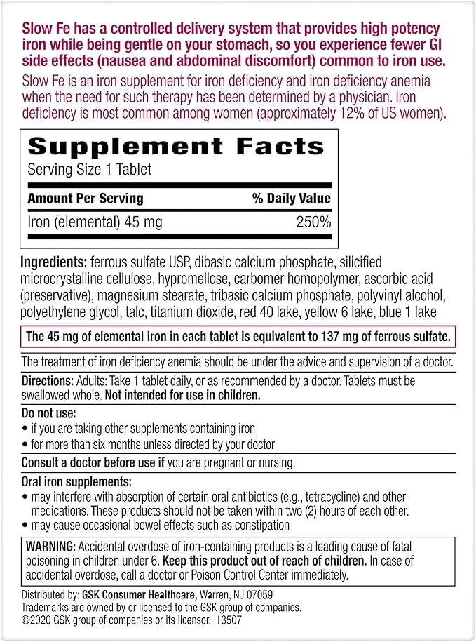 Slow Fe 45mg Iron Supplement for Iron Deficiency, Slow Release, High Potency, Easy to Swallow Tablets - 60 Count - Product...
