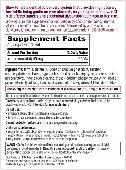 Slow Fe 45mg Iron Supplement for Iron Deficiency, Slow Release, High Potency, Easy to Swallow Tablets - 60 Count - Product...