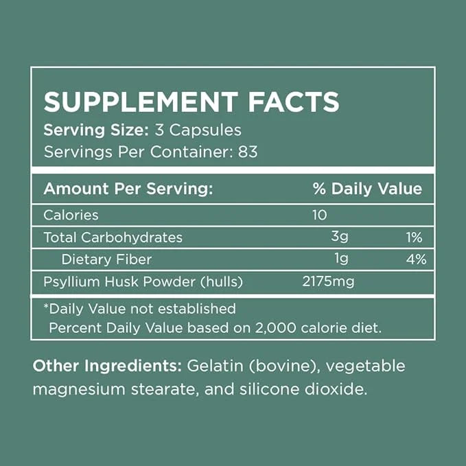 Daily Psyllium Husk Fiber Supplement by 2,175mg Per 250 Capsules