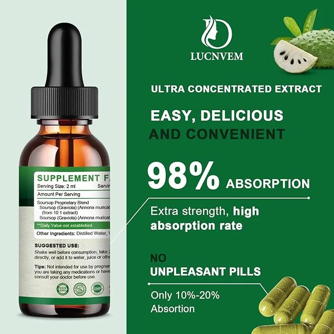 (2 Pack) Organic Soursop Graviola Liquid Drops, Soursop Extract Organic Pure for Natural Antioxidant, Cell Support & Regen...