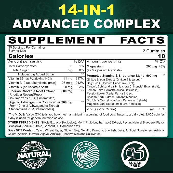Sugar Free Rhodiola Rosea 600mg Ashwagandha 200mg Magnesium 200mg, Energy 500mg with