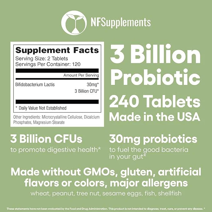 Bifidobacterium Lactis Probiotic Supplement 240 Tablets 3 Billion CFU Probiotics for Men & Women Supports Intestinal Diges...