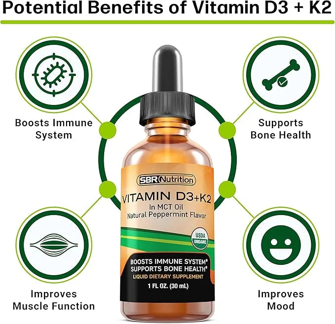 MAX Absorption, Vitamin D3 + K2 (MK-7) Liquid Drops with MCT Oil, Peppermint Flavor, Helps Support Strong Bones and Health...