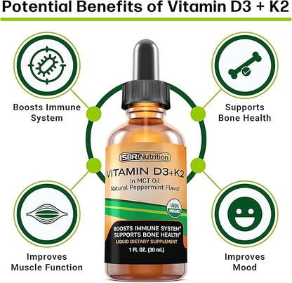 MAX Absorption, Vitamin D3 + K2 (MK-7) Liquid Drops with MCT Oil, Peppermint Flavor, Helps Support Strong Bones and Health...