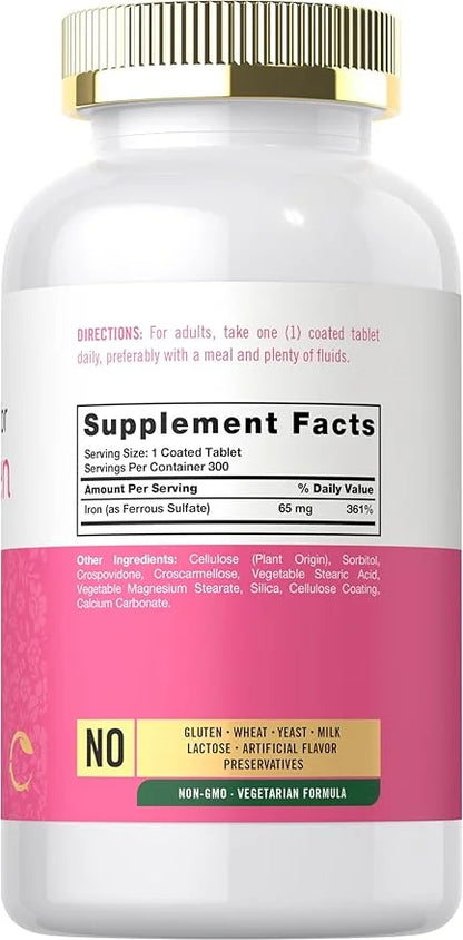 Carlyle Iron for Women 65mg | 300 Coated Tablets | Vegetarian, Non-GMO & Gluten Free Supplement - Product Image