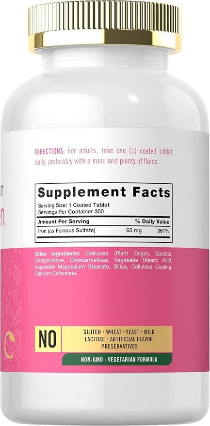 Carlyle Iron for Women 65mg | 300 Coated Tablets | Vegetarian, Non-GMO & Gluten Free Supplement - Product Image
