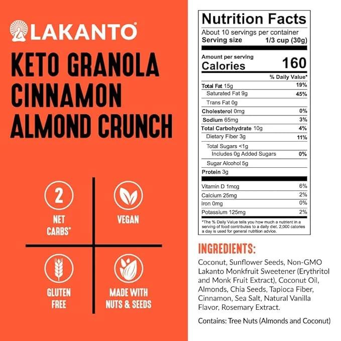 Lakanto Cinnamon Almond Crunch Granola - Delicious Snack, Quick Breakfast Cereal, Keto Friendly, Monk Fruit Sweetener, No ...