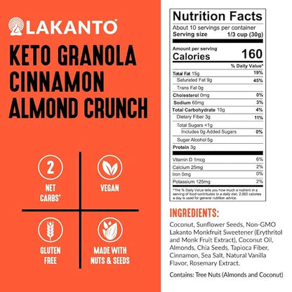Lakanto Cinnamon Almond Crunch Granola - Delicious Snack, Quick Breakfast Cereal, Keto Friendly, Monk Fruit Sweetener, No ...