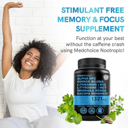 12-in-1 Nootropic Brain Supplement Anhydrous: Ginkgo Biloba for Brain Support, Memory and Focus - B12, Alpha GPC, L Theani...
