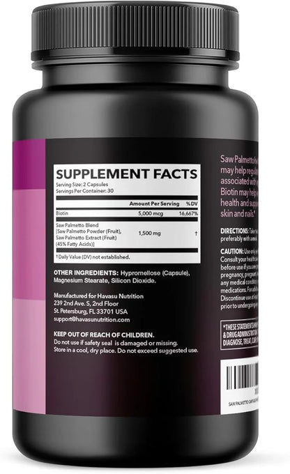 Saw Palmetto for Women with Biotin 5000mcg - Powerful DHT Blocker to Support Hair, Skin, and Nail Health - 120 Count - Veg...