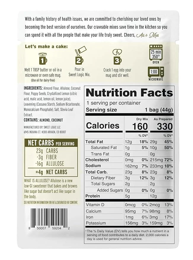 Sweet Logic Keto Dessert Mug Cake Mixes - Lemon Poppyseed - Low Sugar - Gluten-Free - Low Carb - Diabetic-Friendly Sweets ...