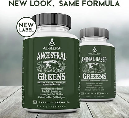 Ancestral Supplements Greens Powder Capsules, Organic Superfood Greens & Reds Blend with Spirulina, Chlorella, Grass Fed B...