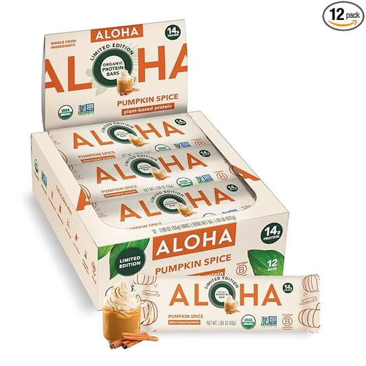 ALOHA Organic Plant Based Protein Bars - Pumpkin Spice, Vegan, Low Sugar, Gluten-Free, Low Carb, Non-GMO, No Stevia, No Er...