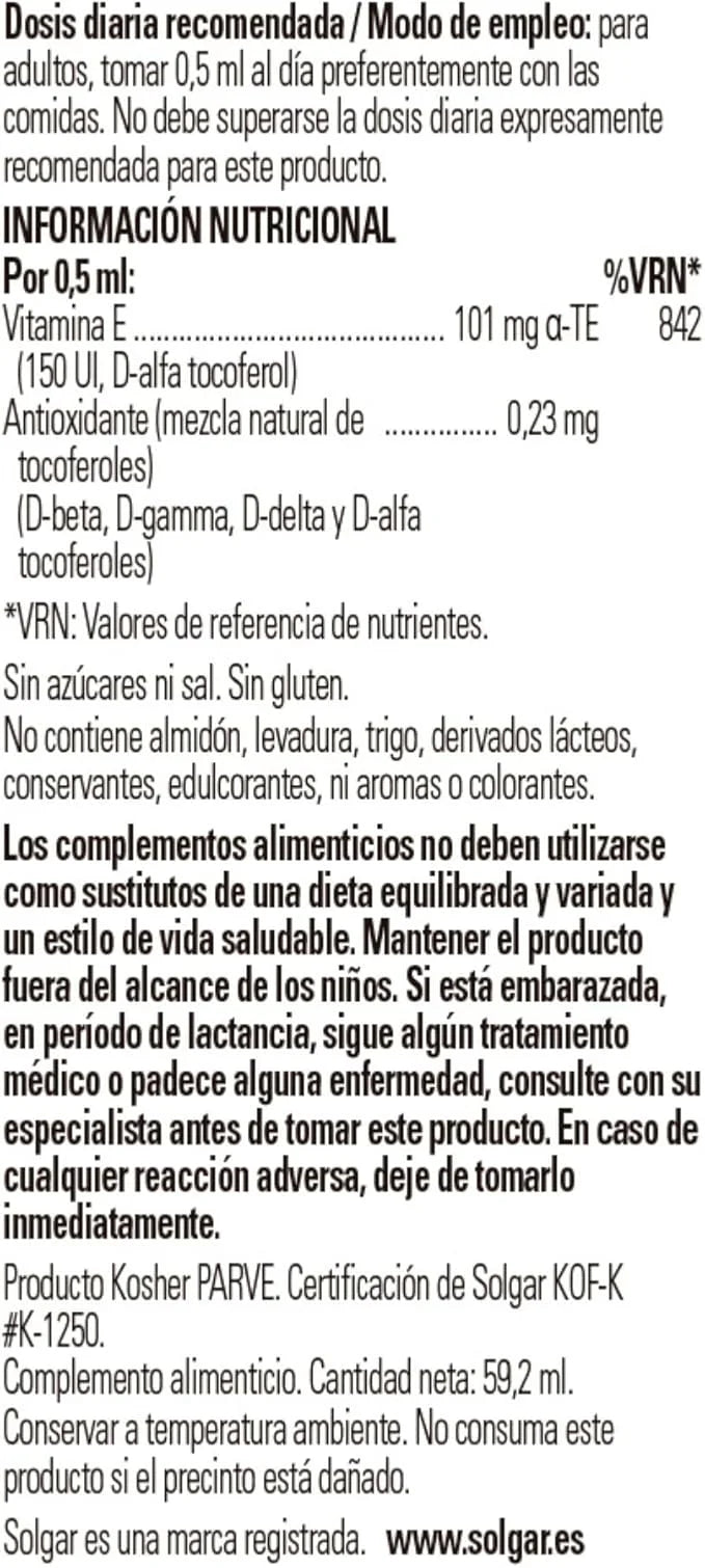SOLGAR Liquid Vitamin E (with Dropper) - 2 fl oz - Mixed Tocopherol Complex - Non-GMO, Vegan, Gluten Free, Dairy Free, Kos...
