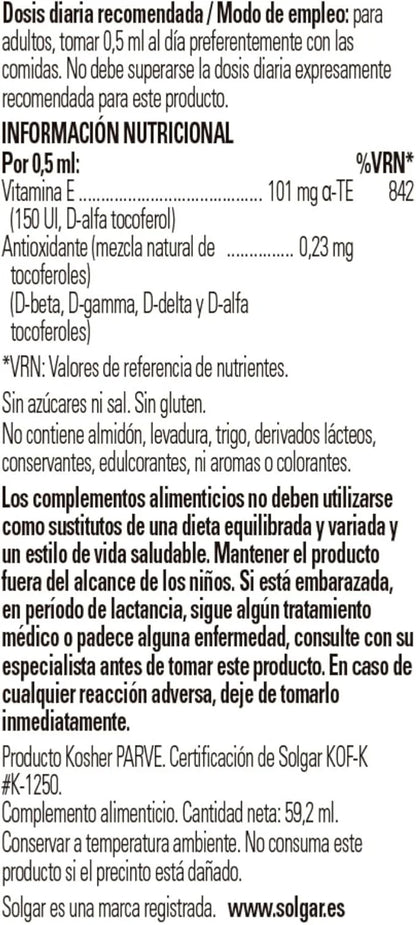 SOLGAR Liquid Vitamin E (with Dropper) - 2 fl oz - Mixed Tocopherol Complex - Non-GMO, Vegan, Gluten Free, Dairy Free, Kos...
