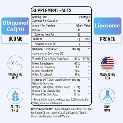 Liposomal CoQ10 600 mg Softgel Ubiquinol, Q10 Ubiquinol 3 6 6 9 9 & Q10 Supplement Powerful-Antioxidant,120 Softgels
