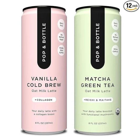 Pop & Bottle, Vanilla and Matcha Oat Milk Lattes - Reishi and Maitake Mushrooms, Green Tea, Cold Brew, Marine Collagen, MC...