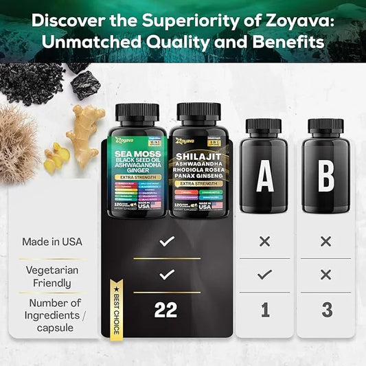Zoyava Dynamic Vitality Bundle, Sea Moss 7000mg, Black 4000mg, Ashwagandha 2000mg, Ginger 9000mg, Rhodiola 1000mg, Panax (...
