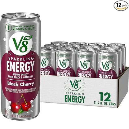 V8 +Energy Sparkling Black Cherry Juice Energy Drink, 11.5 fl oz Can (12 Pack) - Product Image