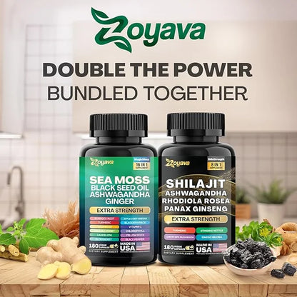 Zoyava Dynamic Vitality Bundle, Sea Moss 7000mg, Black 4000mg, Ashwagandha 2000mg, Ginger 9000mg, Rhodiola 1000mg, Panax (...