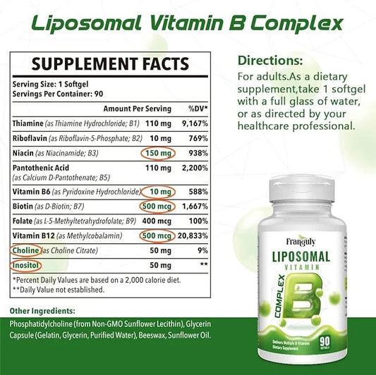 Active B Complex Liposomal B Vitamins 90 Softgels B1, B2, B2, B3, B3, B5, B5, B6, B6, Biotin, B12 Methylcobalamin- Support...