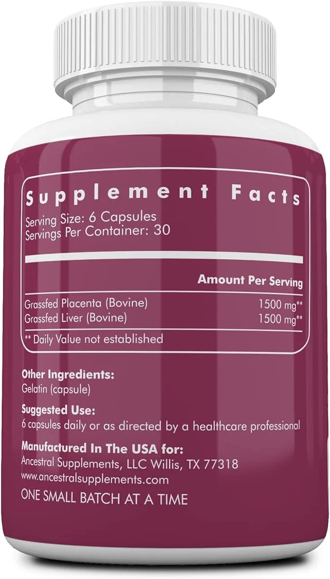 Ancestral Supplements Grass Fed Placenta Supplement with Liver, Contains Postpartum Vitamins for Women Breastfeeding, Prom...