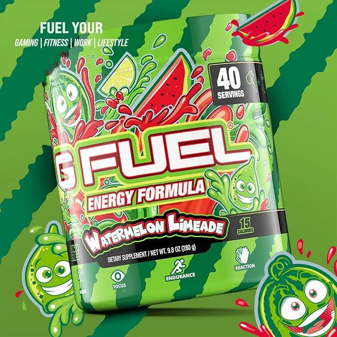 G Fuel Watermelon Limeade Energy Drink Powder, Pre Workout Caffeine Powder, Energy Powder Drink Mix for Gaming, Sugar Free...