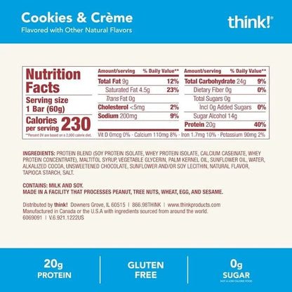 think! Protein Bars, High Protein Snacks, Gluten Free, Kosher Friendly, Cookies and Crème, Nutrition Bars, 2.1 Oz per Bar,...