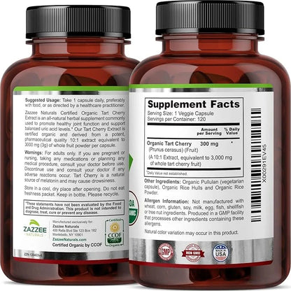 Zazzee USDA Organic Tart Cherry 10:1 3000 mg 120 Vegan 4 Month 10X Extract, 100% Vegetarian,