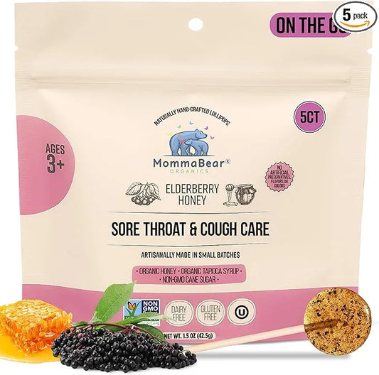 MommaBear Organics Handcrafted Kids Cough Lollipops – Natural Sore Throat Relief & Cough Drop Suckers for Kids 3+ – Elderb...