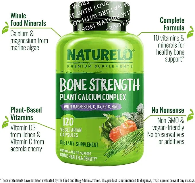 NATURELO Calcium Supplement 600mg, Vitamin D3, K2, K2, C, 120 Vegetarian