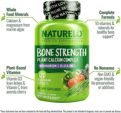 NATURELO Calcium Supplement 600mg, Vitamin D3, K2, K2, C, 120 Vegetarian