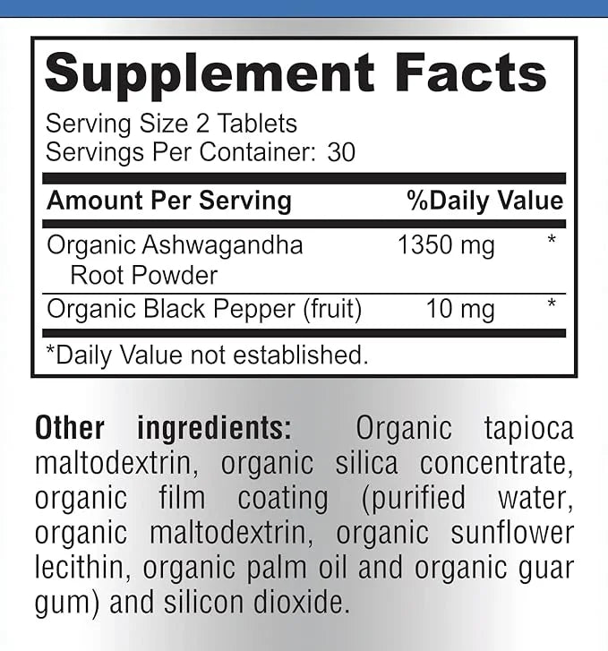 USDA Organic Ashwagandha 1350mg with 60 Tablets