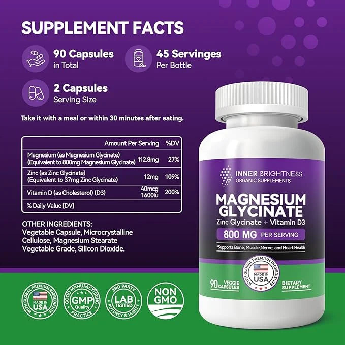 Magnesium Glycinate - Magnesium Supplement D3 for 90 Vegetarian