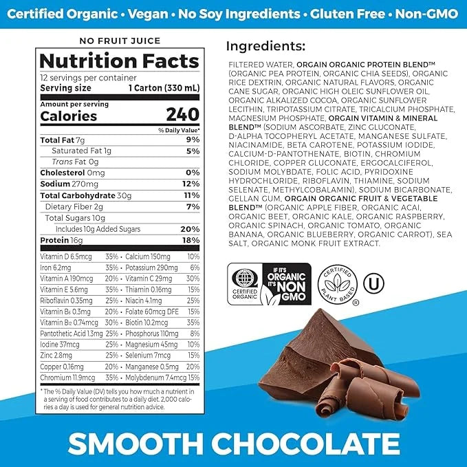 Orgain Organic Nutritional Vegan Protein Shake, Smooth Chocolate - 16g Plant Based Protein, Meal Replacement, 22 Vitamins ...