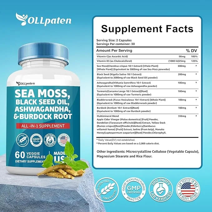 Sea Moss 3000mg Ashwagandha 1000mg Black 2000mg Turmeric 1000mg Burdock 1000mg Bladderwrack 1000mg & D3 Elderberry 60 Caps...