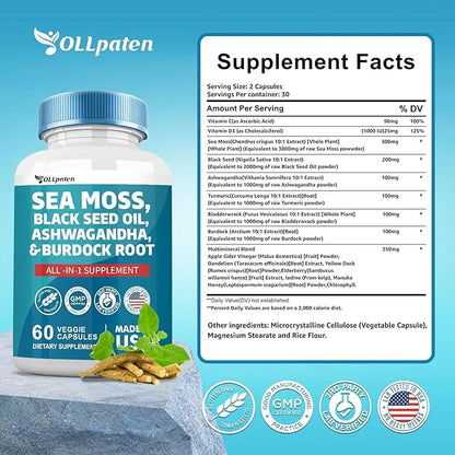 Sea Moss 3000mg Ashwagandha 1000mg Black 2000mg Turmeric 1000mg Burdock 1000mg Bladderwrack 1000mg & D3 Elderberry 60 Caps...