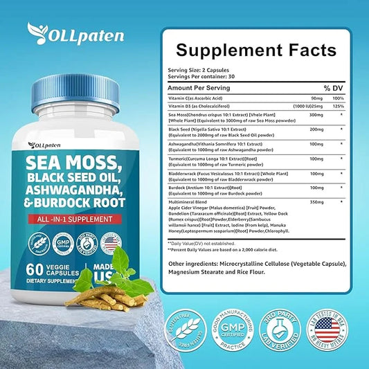 Sea Moss 3000mg Ashwagandha 1000mg Black 2000mg Turmeric 1000mg Burdock 1000mg Bladderwrack 1000mg & D3 Elderberry 60 Caps...