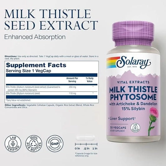 Solaray Milk Thistle Phytosome with Artichoke, 15% Silybin 60-Day Guarantee, 30 Servings, 30 VegCaps