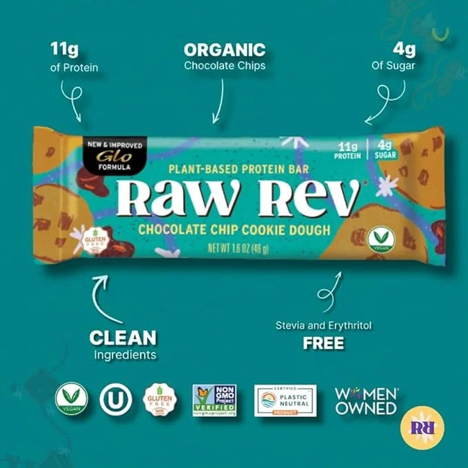 Vegan Protein Bars Chocolate Chip Cookie Dough with Low Sugar High Protein, 11g Protein, 4g Sugar, 11g Fiber, Keto, Plant ...