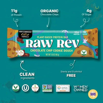 Vegan Protein Bars Chocolate Chip Cookie Dough with Low Sugar High Protein, 11g Protein, 4g Sugar, 11g Fiber, Keto, Plant ...