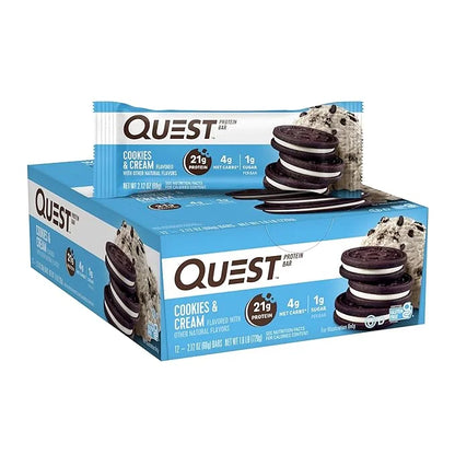 Quest Nutrition Cookies & Cream Protein Bars, 21g Protein, 1g Sugar, 4g Net Carb, Gluten Free, Keto Friendly, 12 Count - P...